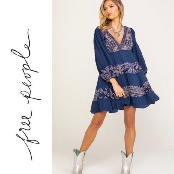 Free People Dresses & Skirts - Free People My Love Boho 3/4 blouson sleeve Indigo Blue Mini Peasant Dress